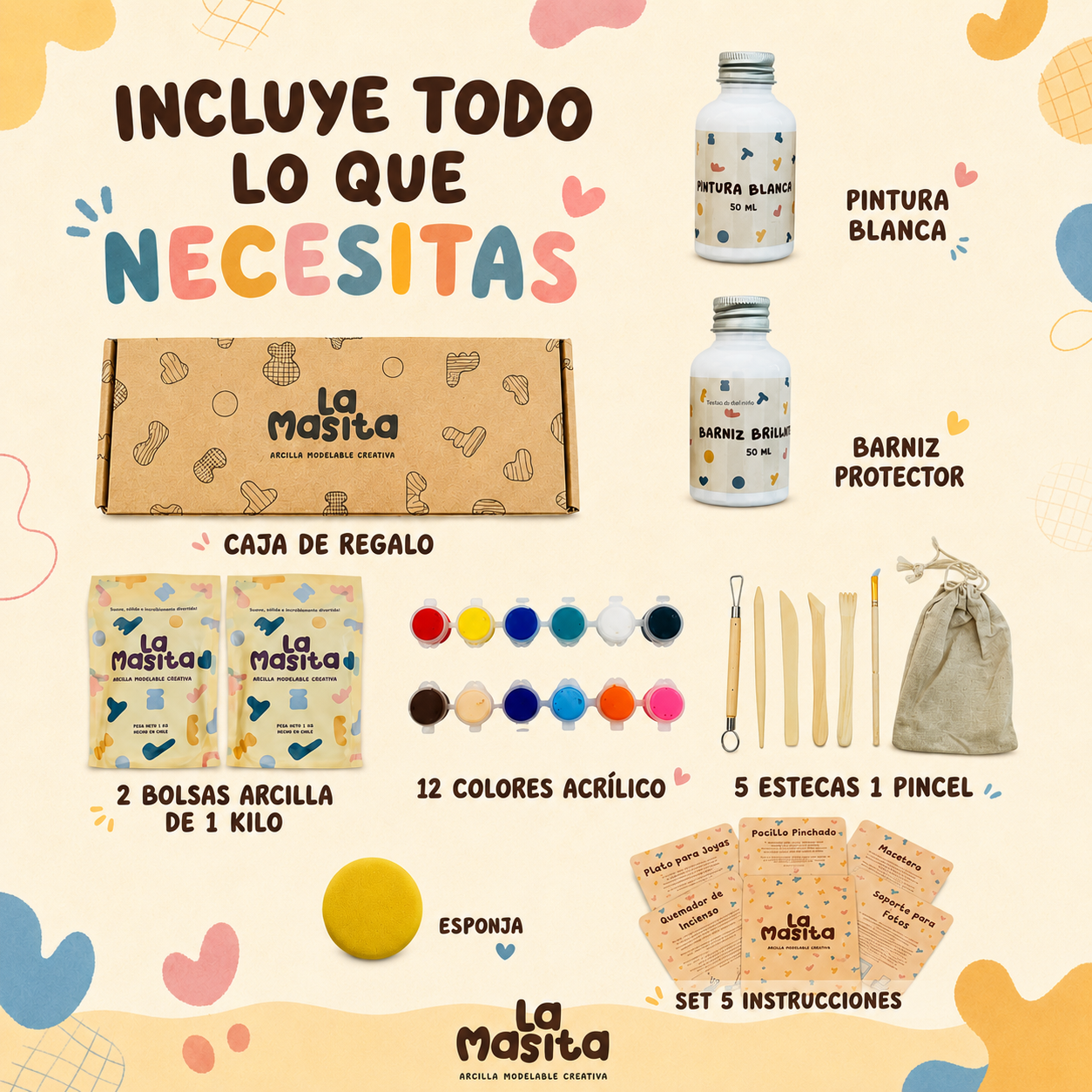 Contenido completo Kit Cerámica Pro - arcilla, herramientas, pinturas y barniz para modelar